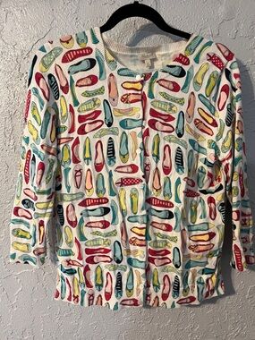 Talbots Cardigan with Vintage Inspired Colorful Ballet Flat Print